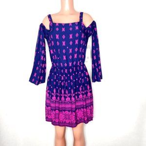 JustFab Cold Shoulder Dress Navy Pink Flared Sleeves